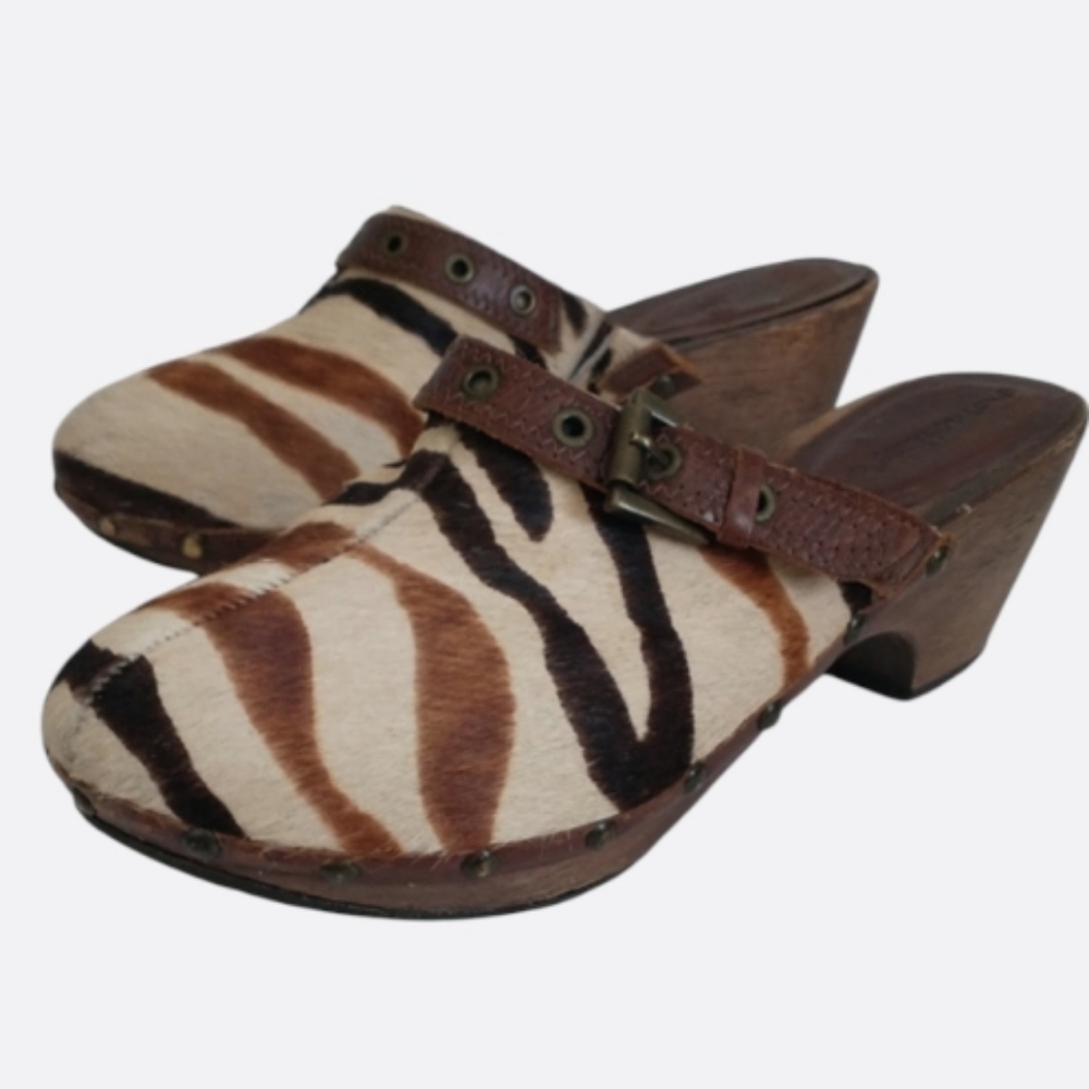 Matisse Sutter Zebra Print Calf Hair Wooden Heel Clog Mule. Size 7